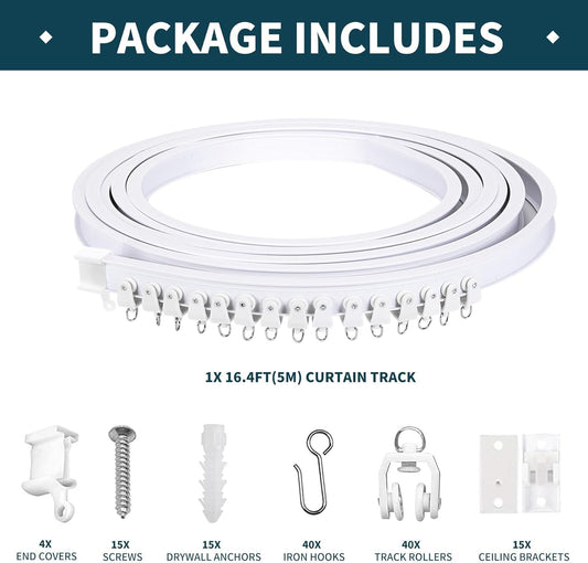 Flexible Bendable 16.4ft (5m) Curved Ceiling Mount Curtain Track, PVC White Matte, for Home, Office, RV, Bathroom