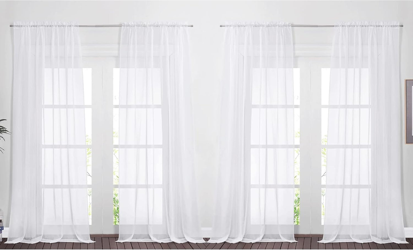 4 Panels Sheer Curtains 95 - Plain Tulle Voile Panel Window Drapes/Draperies Set for Hall (s, W60 x L95, White)