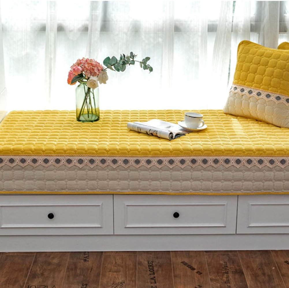 Bay Window Cushion Seat Indoor, Farmhouse Window Seat Cushions Indoor for Bedroom, Non Slip Pads Sill Bench Cushions, 35.43 x 70.86 inches, Yellow