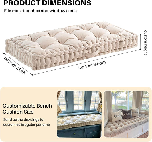 Custom Window Seat Cushion, Tufted Bench Cushions for Indoor Furniture, Velvet/Corduroy Bench Cushion, Handmade 4 Inch Thick Tufted Cushion with Handle, 30+ Colors