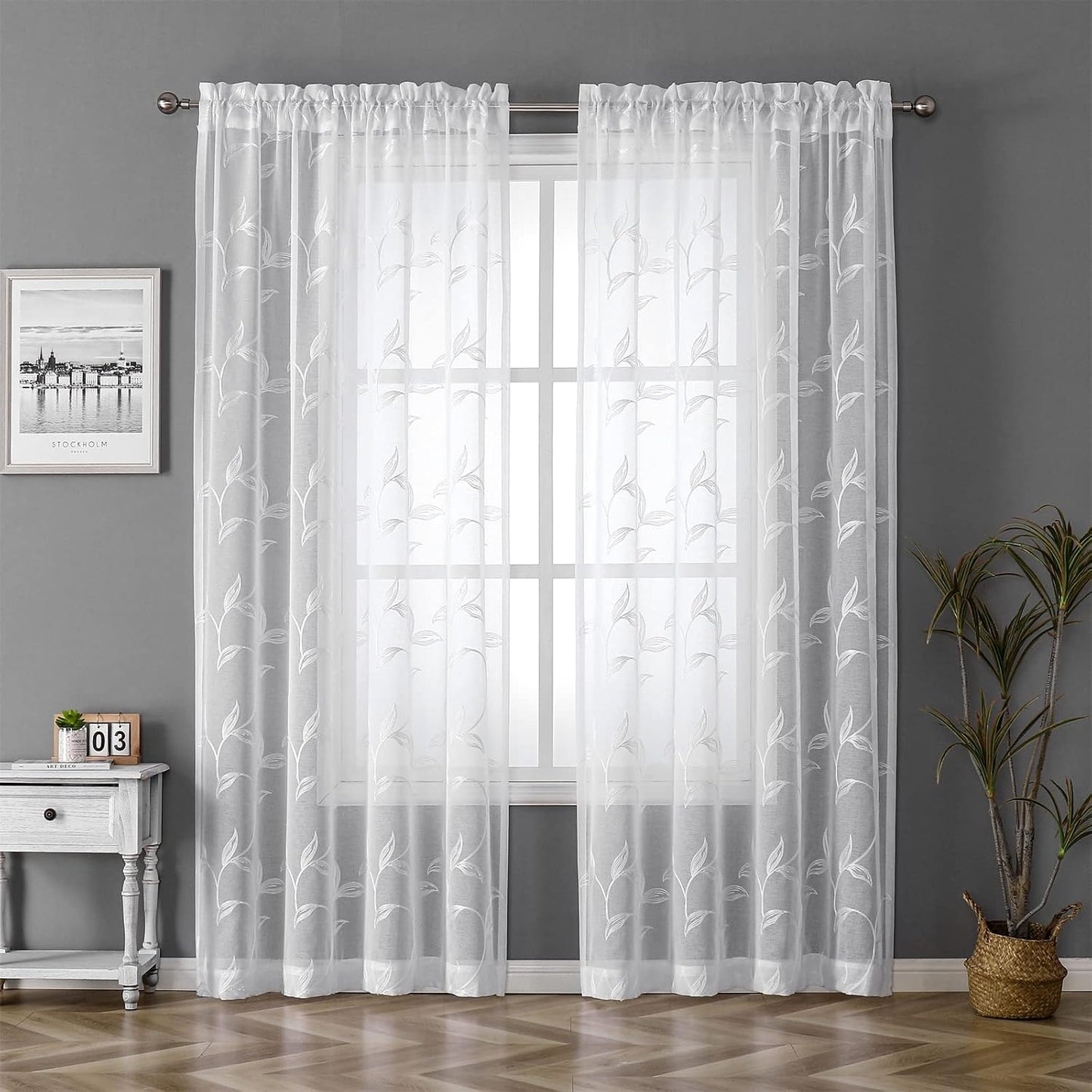 White Sheer Voile Curtains, Decorative White Embroidery Faux Linen Rod Pocket Window Drapes for Home Kitchen, Living Room and Bedroom 54 x 84 Inch, Set of 2 Curtain Panels