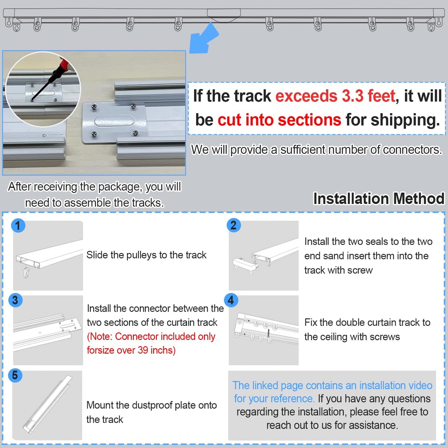 Double Row Curtain Track Ceiling Mounted, Silent Heavy Duty Curtain Track System, Sliding Rails for Curtains, Room Divider for Bedroom Living Room Hospital (Track Ships in Sections with Connectors)