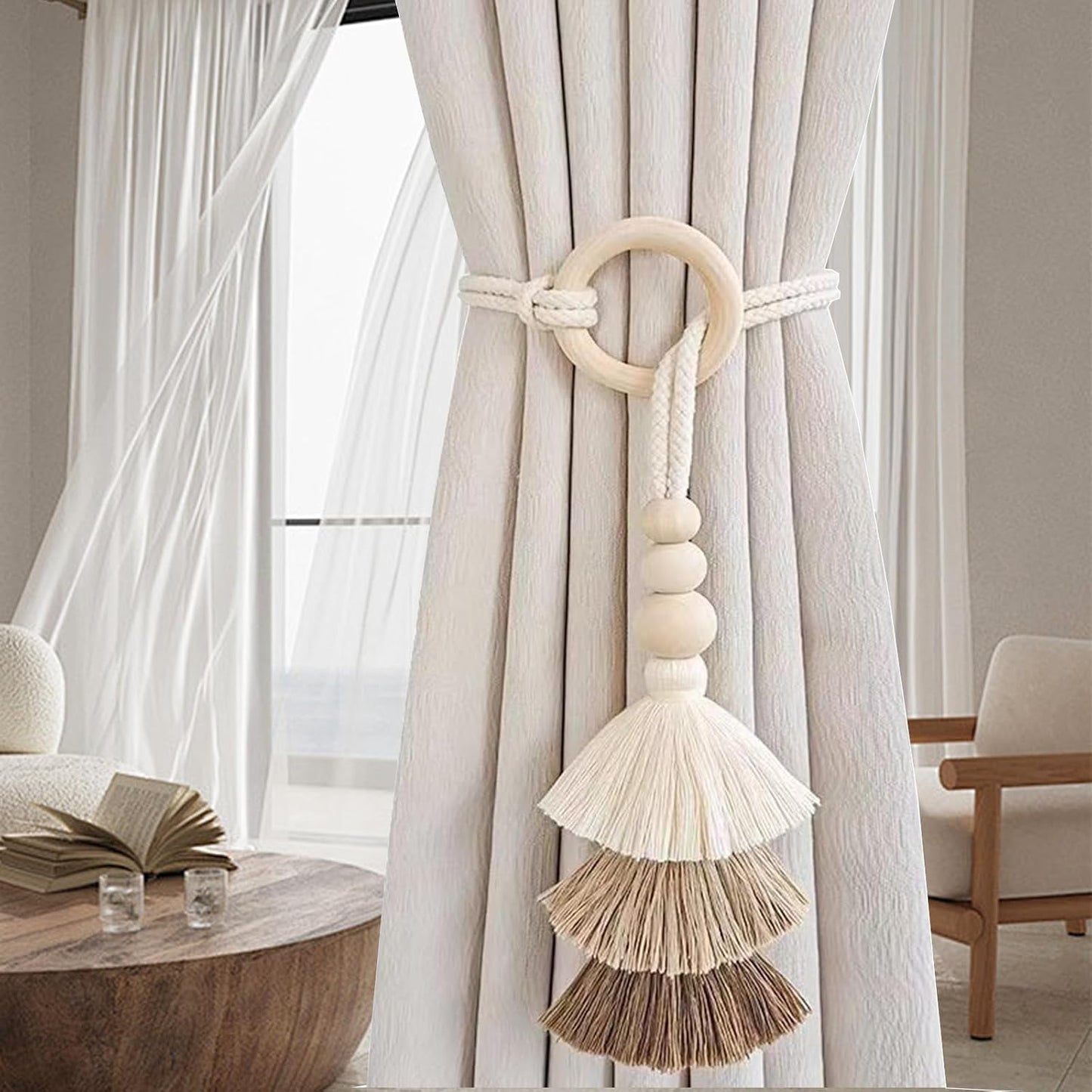 Coffee Wooden Bead Tassel Tiebacks Pack of 2