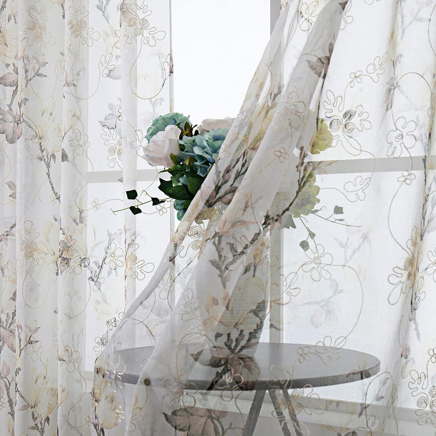 Floral White Short Sheer Curtains Flower Print Vine Embroidery Bedroom Curtain Rod Pocket Voile Window Curtains for Living Room, 54 x 45 inches Long, Set of 2 Panels