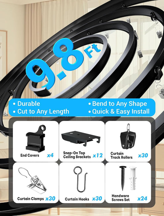 Flexible Bendable Ceiling Curtain Track, 9.8 FT (3 m), Mount for Rail with sliding Curtain Track System, Curtain Track Ceiling Mount, Room Divider for RV, Bathroom, Ceiling Curtain Rod, Black