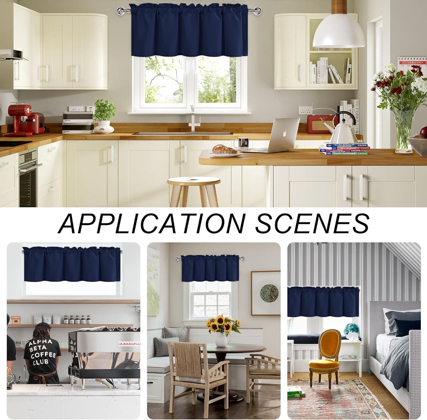 Valance Curtains for Living Room, Navy Valances for Small Window, Farmhouse Solid Short Topper -1 Panel, 42 X 18 Inch, Navy Blue