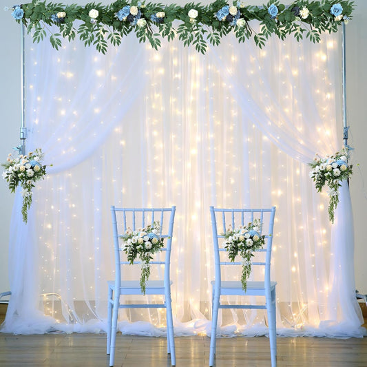 White Tulle Backdrop Curtain with Lights String for Parites 10×8ft Sheer Backdrop Curtains White Curtain Backdrop for Wedding Baby Shower Birthday Party Photo Shoot Decorations(2 Panels 10ft×8ft)