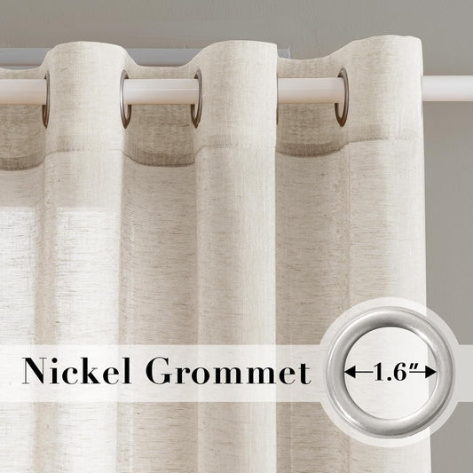 Natural Linen Sheer Curtains Flax Linen Blended Curtain Panels Living Room Sheer Curtains 84 inches Long 2 Panels, Nickel Grommet Semitransparent Semi-Sheer Soft Privacy Drapes, Natural