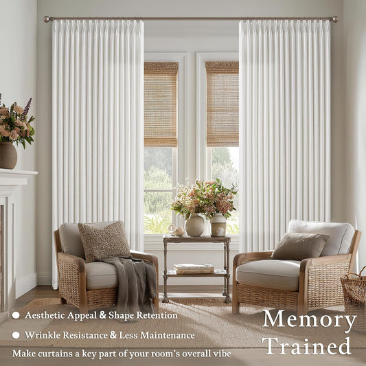100 Inch Light Filtering Curtains for Sliding Glass Doors 2 Panels Set Pinch Pleated for Track System Farmhouse Boho Beige White Linen Curtain Privacy Semi Sheer Viral Window Drapes for Dining Room