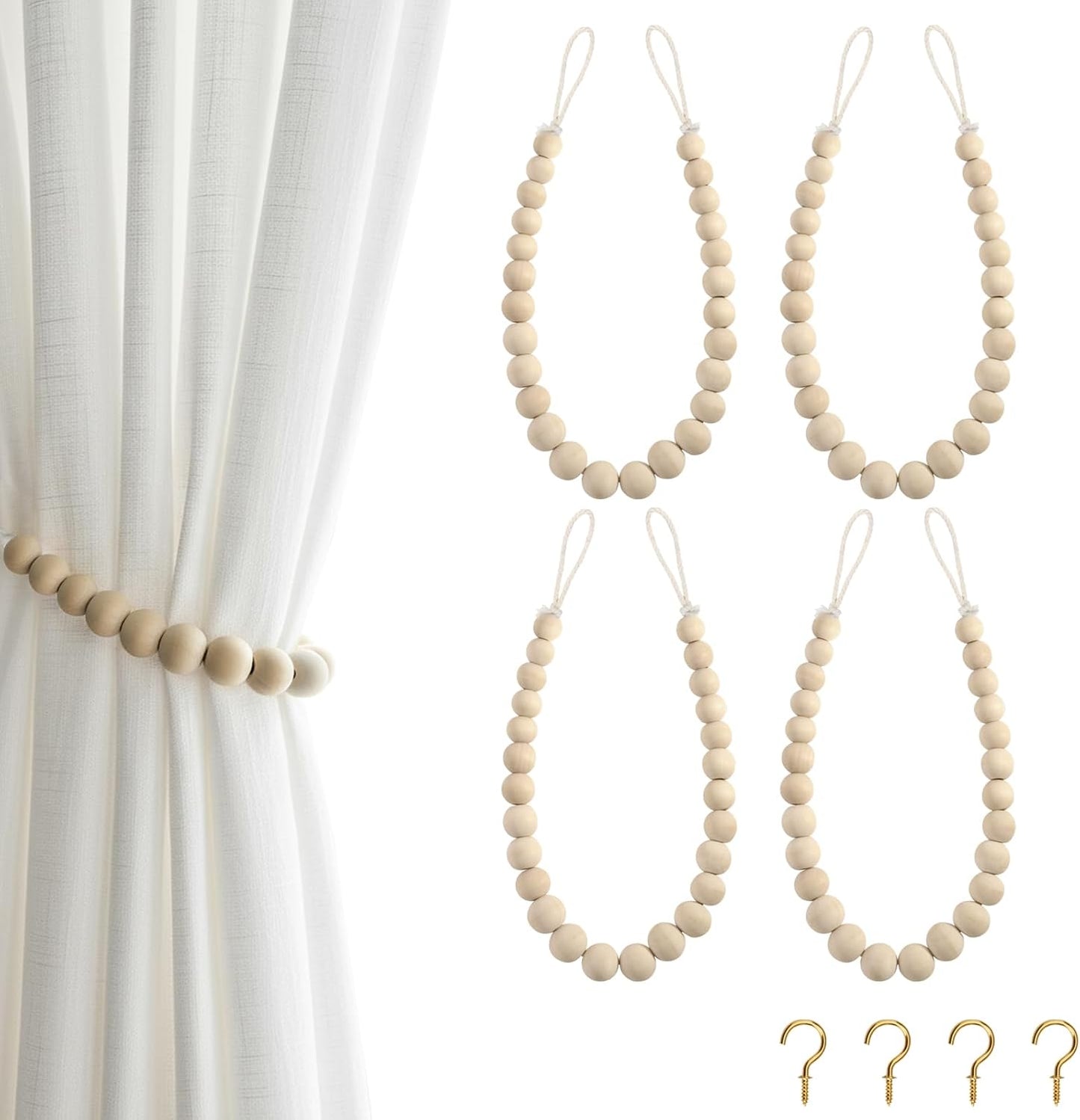Wood Bead Boho Curtain Tiebacks Pack of 4
