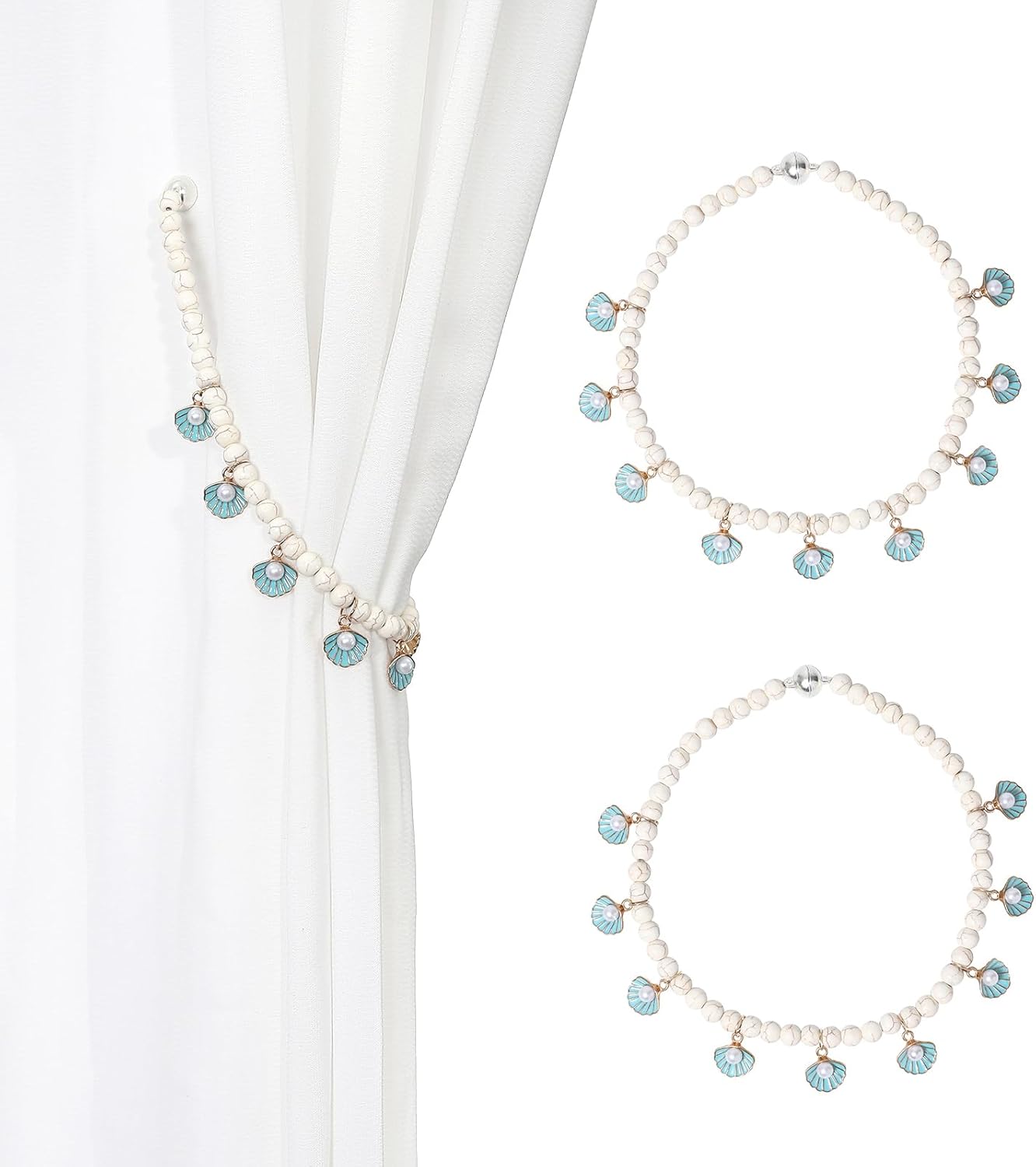 Blue Seashell Beaded Magnetic Tiebacks Pack of 2