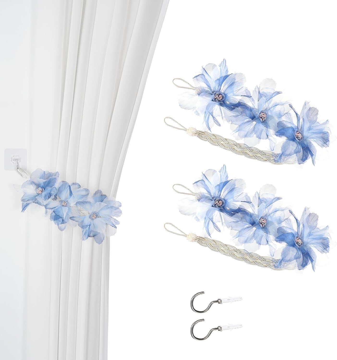 Blue Handmade Flower Curtain Tiebacks Pack of 2