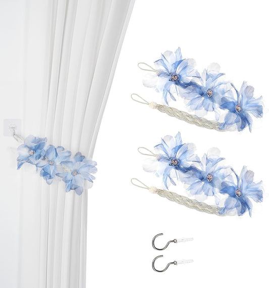 Blue Handmade Flower Curtain Tiebacks Pack of 2