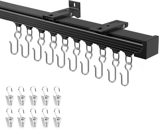 Ceiling Curtain Track 9–12 ft Black - Heavy Duty Ceiling/Wall Mount Curtain Rail/Rod System, 40 Quiet-Glide Rollers, 40 Hooks, 40 Clips, Room Divider for Living Room, Bathroom or Hospital