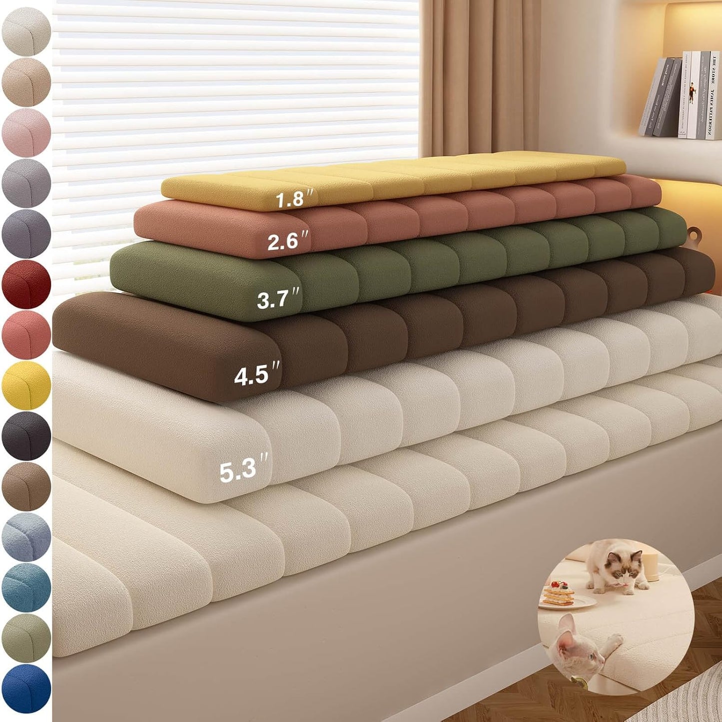Custom Bench Cushion Personalized Size Plump Textured Line Bay Window Seat Cushion Indoor, 75D High Resilience Foam Waterproof Anti-cat Scratch Non Slip Bottom, Mudroom, Breakfast Nook