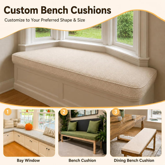 Custom Size Bench Cushion for Indoor/Outdoor Furniture, Window Seat & Bay Window Cushion, Thick 75D High-Density Foam, Scratch-Resistant Fabric, Secure Non-Slip Bottom, Beige