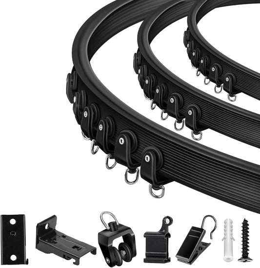 Ceiling Curtain Track, 12 Ft Black Flexible Bendable Curved Curtain Rail Wall Mount Sliding Ceiling Track System Set for Bay Window, Room Divider
