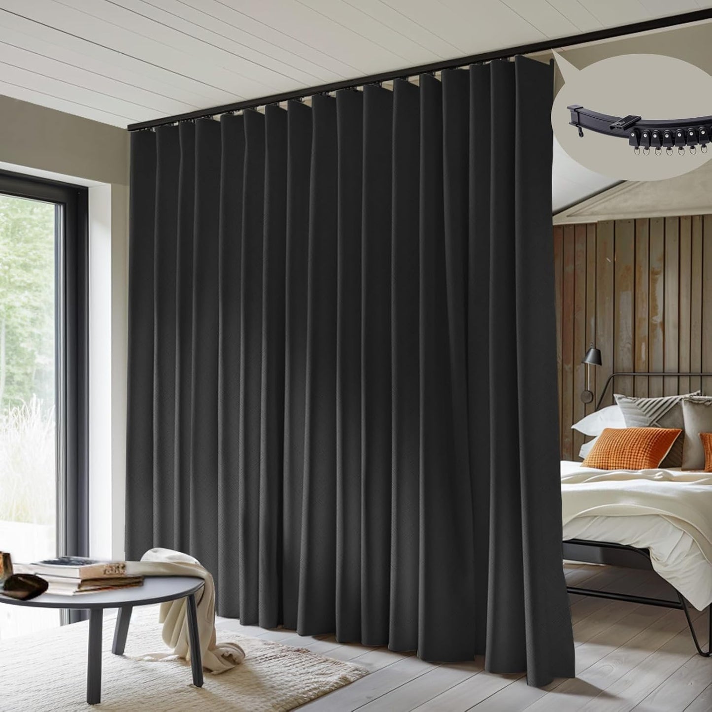 Room Divider Curtains with Flexible Ceiling Curtain Tracks Set,100% Blackout Floor to Ceiling Curtains Patio Sliding Door Curtains (Black Drape & Black Rail W 8.3 × H 7 FT)