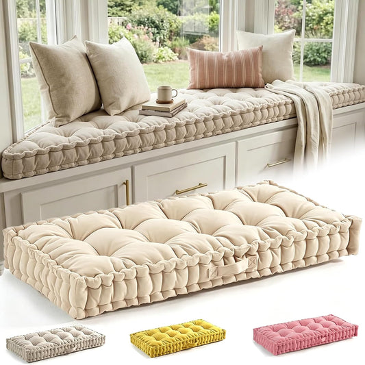 Custom Window Seat Cushion, Tufted Bench Cushions for Indoor Furniture, Velvet/Corduroy Bench Cushion, Handmade 4 Inch Thick Tufted Cushion with Handle, 30+ Colors