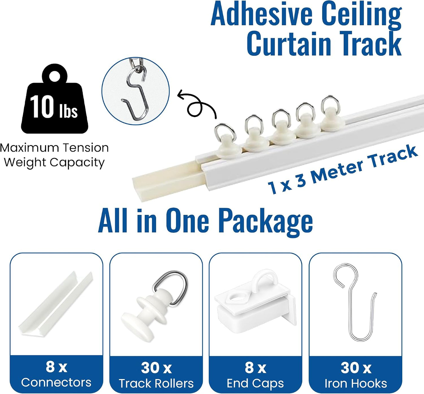 Self Adhesive Curtain Track (3 Meter, 9.8 ft) for Smooth Ceiling or Wall - No Drill, Screws, Ceiling Curtain Track, Curtains Rod, Ceiling Mount, Adhesive Curtains Rod (Non-Flexible)