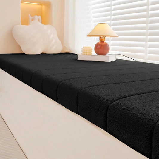 Bay Window Seat Cushions Indoor 78x20in,1.8in Dick Teddy Fleece Non-Slip Bench Cushions for Indoor&Outdoor Furniture with Zipper,Waterproof Anti-Cat Scratch Bench Pad for Piano,Patio,Black