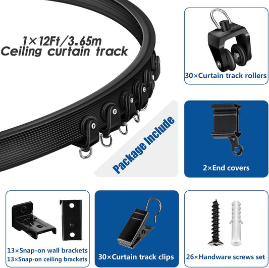 Ceiling Curtain Track, 12 Ft Black Flexible Bendable Curved Curtain Rail Wall Mount Sliding Ceiling Track System Set for Bay Window, Room Divider