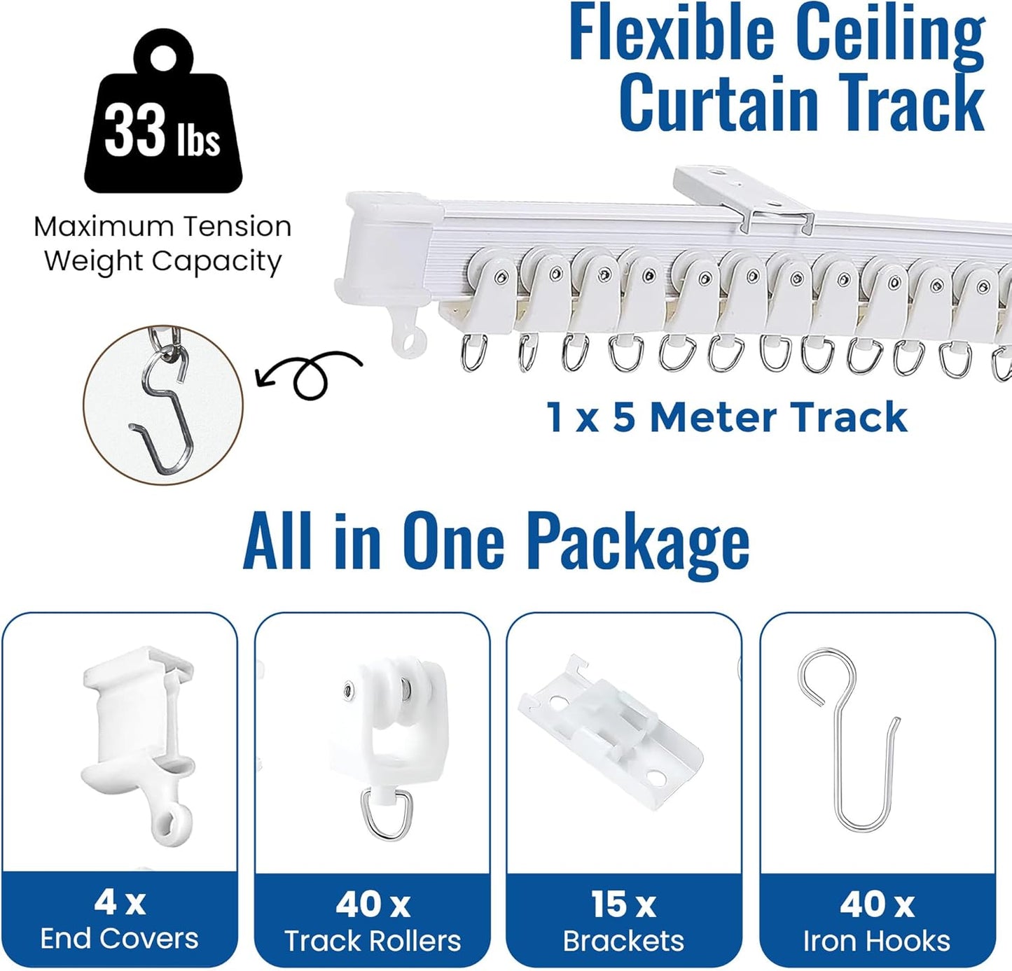 Flexible Bendable Ceiling Curtain Track, 16.4 ft (5 m), Mount for Rail with Curtain Tracks System, Room Divider, Curtains Rod, RV Ceiling Track for Curtains, White