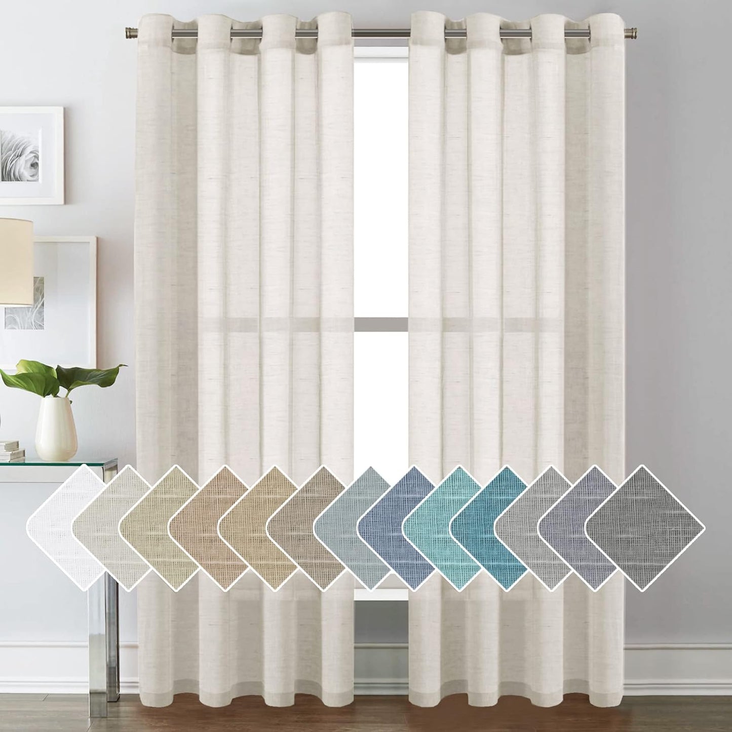 Natural Linen Sheer Curtains Flax Linen Blended Curtain Panels Living Room Sheer Curtains 84 inches Long 2 Panels, Nickel Grommet Semitransparent Semi-Sheer Soft Privacy Drapes, Natural