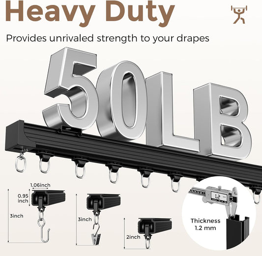 Ceiling Curtain Track 9–12 ft Black - Heavy Duty Ceiling/Wall Mount Curtain Rail/Rod System, 40 Quiet-Glide Rollers, 40 Hooks, 40 Clips, Room Divider for Living Room, Bathroom or Hospital