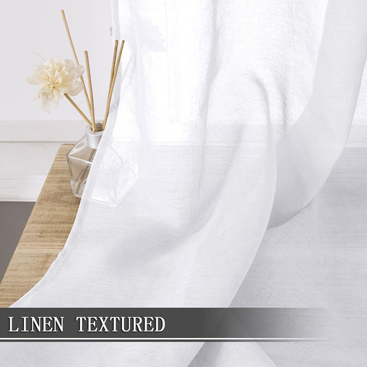 Short Sheer Curtains Linen Textured Bedroom Curtain Sheers Light Filtering Rod Pocket Voile Curtains for Living Room, 54 x 45 inches Long, White, Set of 2 Panels