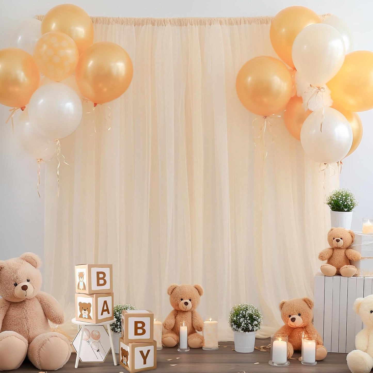 10x10ft Champagne Tulle Backdrop Curtain for Parites, Sheer Backdrop Curtains for Wedding Baby Shower Birthday Party Photo Shoot Decorations
