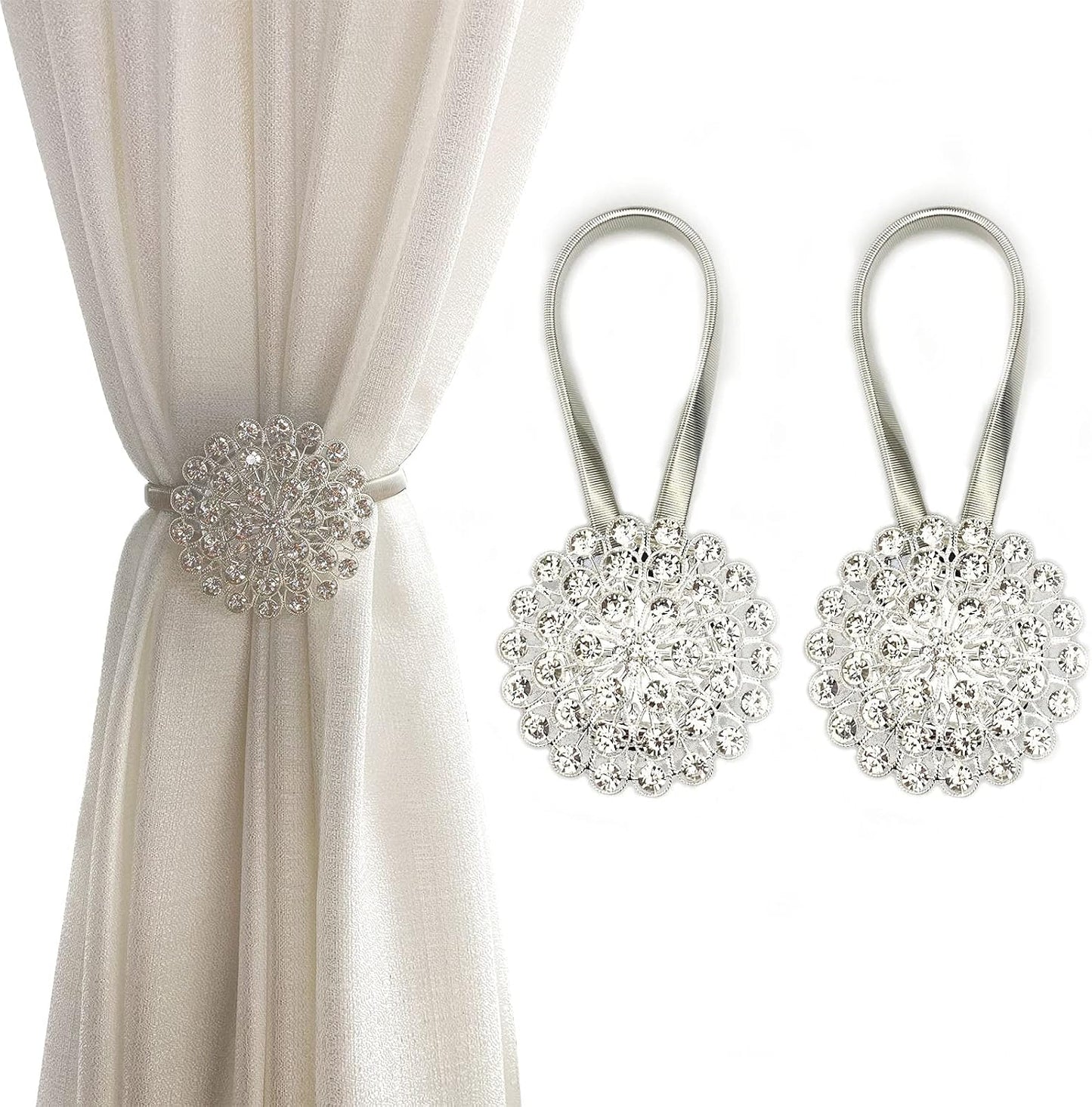 White Crystal Flower Magnetic Tiebacks Pack of 2