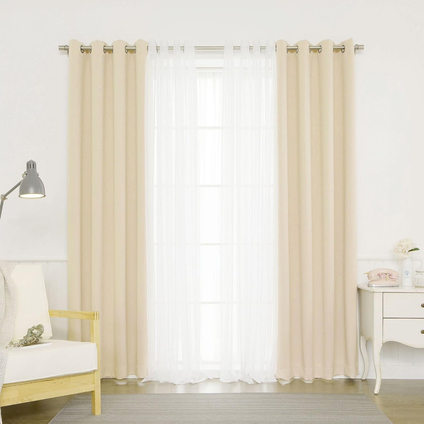 Mix and Match Tulle Sheer Lace and Blackout  Curtain Set – Stainless Steel Nickel Grommet Top – 2 sheers and 2 Blackout Panels – 52" W x 96" L – Beige