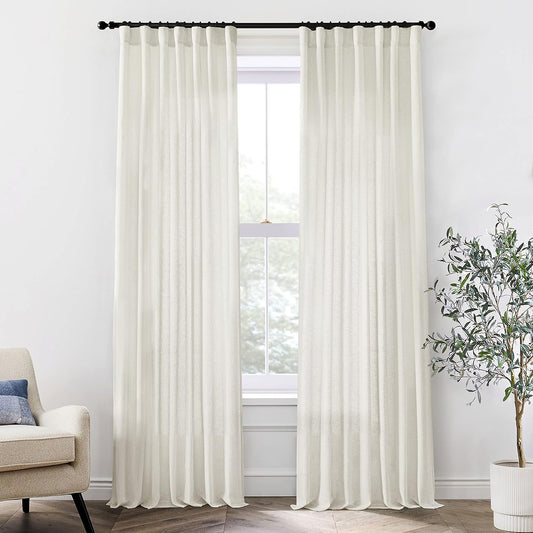108 Inch Linen Curtains 2 Panels,With Heading Tape Hooks for Track System Back Tab,Stone Washed Cotton Flax Weave Sheer Extra Long Curtain for Living Room Bedroom,9FT 9 FT,Cream(Ivory/Off White)