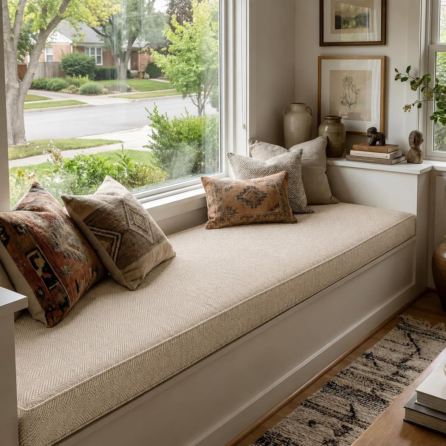 Custom Size Bench Cushion for Indoor/Outdoor Furniture, Window Seat & Bay Window Cushion, Thick 75D High-Density Foam, Scratch-Resistant Fabric, Secure Non-Slip Bottom, Beige