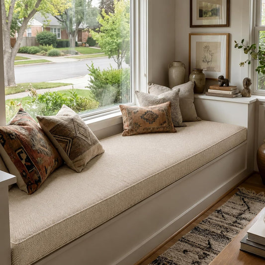 Custom Size Bench Cushion for Indoor/Outdoor Furniture, Window Seat & Bay Window Cushion, Thick 75D High-Density Foam, Scratch-Resistant Fabric, Secure Non-Slip Bottom, Beige