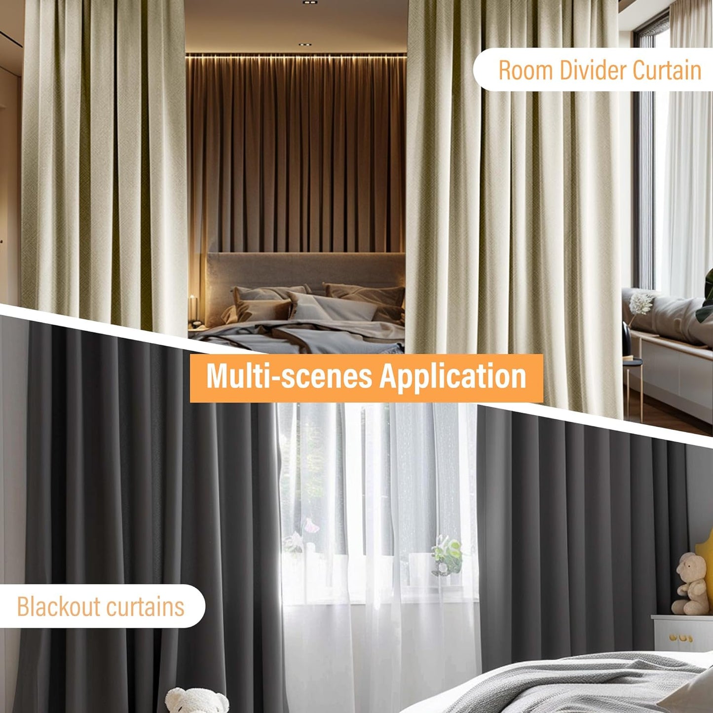 Room Divider Curtains with Flexible Ceiling Curtain Tracks Set,100% Blackout Floor to Ceiling Curtains Patio Sliding Door Curtains (Black Drape & Black Rail W 8.3 × H 7 FT)