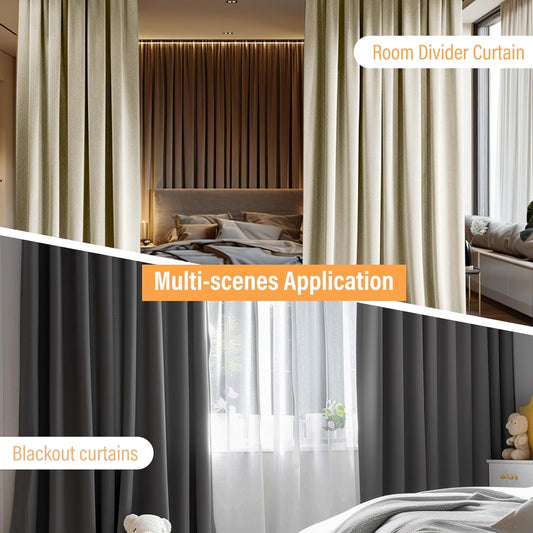 Room Divider Curtains with Flexible Ceiling Curtain Tracks Set,100% Blackout Floor to Ceiling Curtains Patio Sliding Door Curtains (Black Drape & Black Rail W 8.3 × H 7 FT)