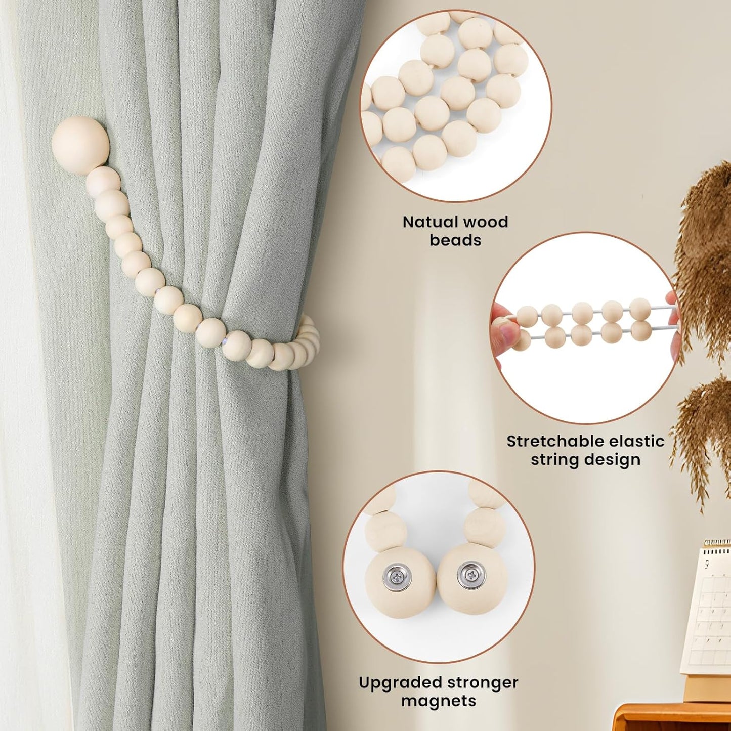 Magnetic Wood Bead Curtain Tiebacks Pack of 2