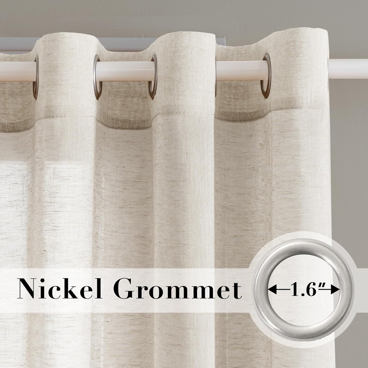 Natural Linen Sheer Curtains Flax Linen Blended Curtain Panels Living Room Sheer Curtains 84 inches Long 2 Panels, Nickel Grommet Semitransparent Semi-Sheer Soft Privacy Drapes, Natural