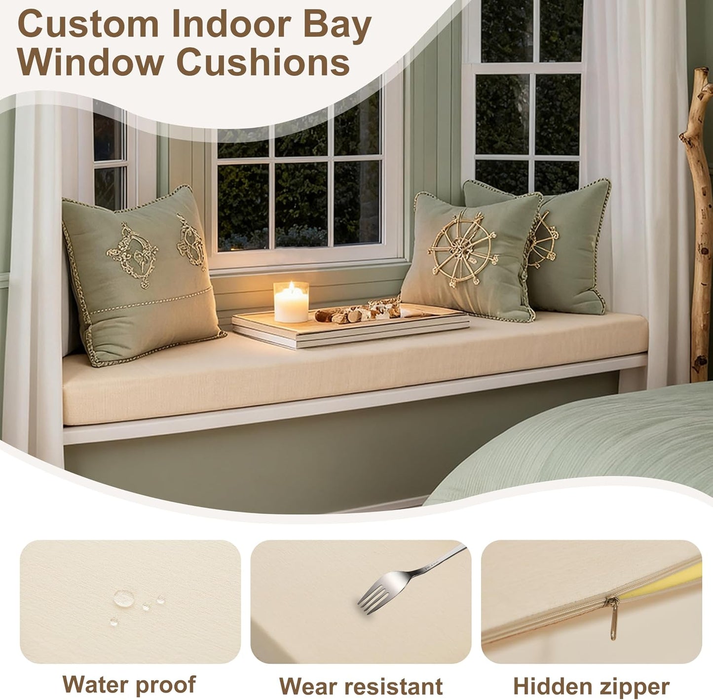 Bay Window Cushion, Bench Cushions Chenille Fabric for Indoor Furniture, Mudroom, Reading Nook, Kitchen Dining Room, Piano Bench, Breakfast Nook, 75D High-Resilience Foam, Non Slip Bottom