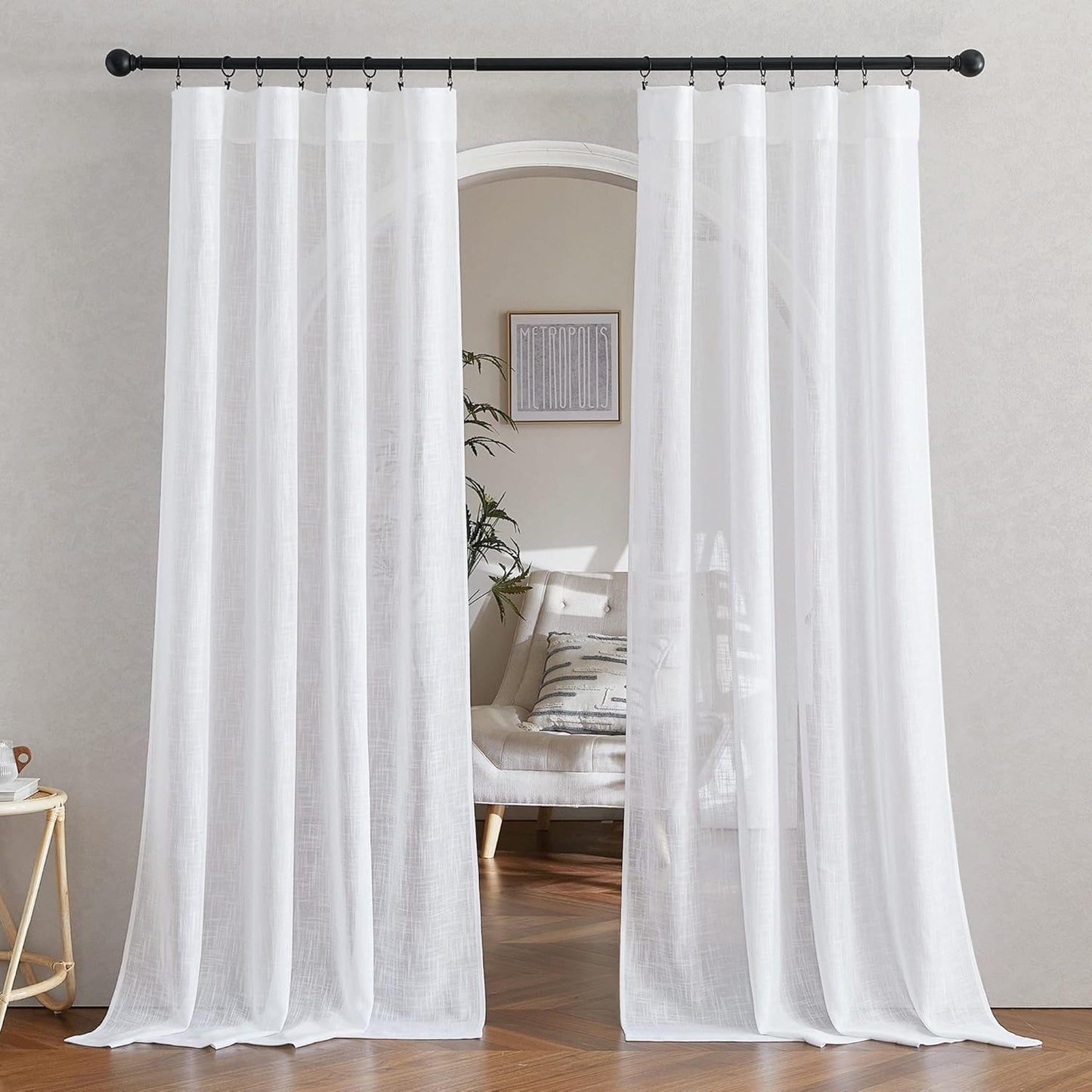 White Linen Sheer Curtains and Drapes 84 inches Long, Rod Pocket & Back Tab semitransparent with Light Through Vertical Window Treatments for Sliding Glass Door & Living Room, 52"W, Set of 2