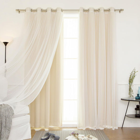 Mix and Match Tulle Sheer Lace and Blackout  Curtain Set – Stainless Steel Nickel Grommet Top – 2 sheers and 2 Blackout Panels – 52" W x 96" L – Beige