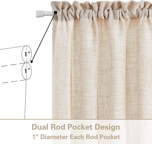 Linen Beige Sheer Curtains for Kitchen Window Bathroom French Door Curtains 2 Panels Dual Rod Pocket Semi Sheer Drapes for Glass Door with Tieback Privacy Light Filtering W25xL40
